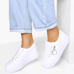 Krush White Platform Sneakers with Decorative Zipper, Size 5